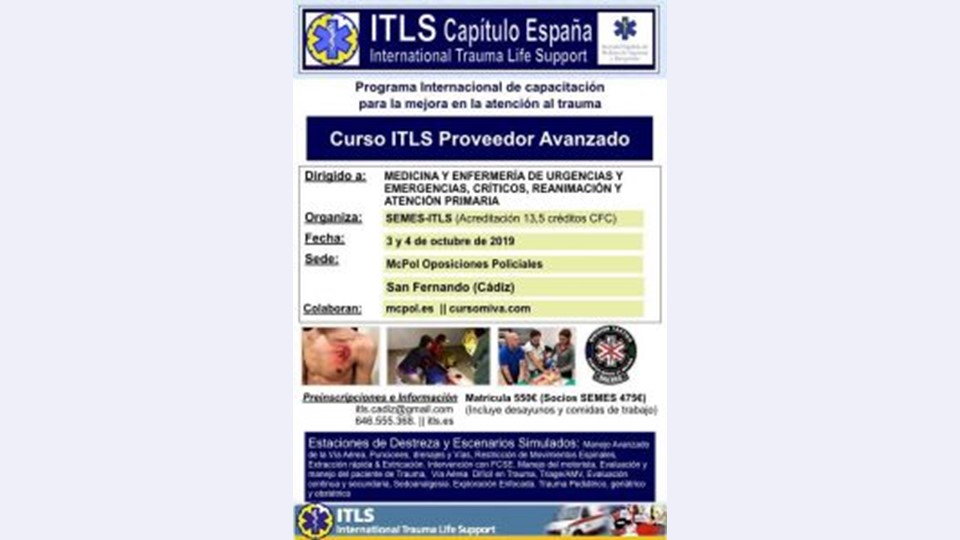 CURSO ITLS PROVEEDOR AVANZADO – 3 y 4 de octubre 2019 – San Fernando (Cádiz)